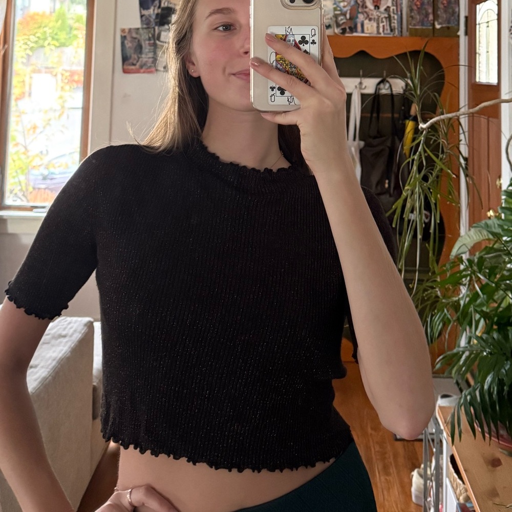 Alexander Wang Black Ribbed Sparkly Shimmery quarter sleeve Stretchy See Through